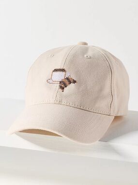 ANTHROPOLOGIE The Icon Embroidered Baseball Cap Coffee $38 Retail NWT
